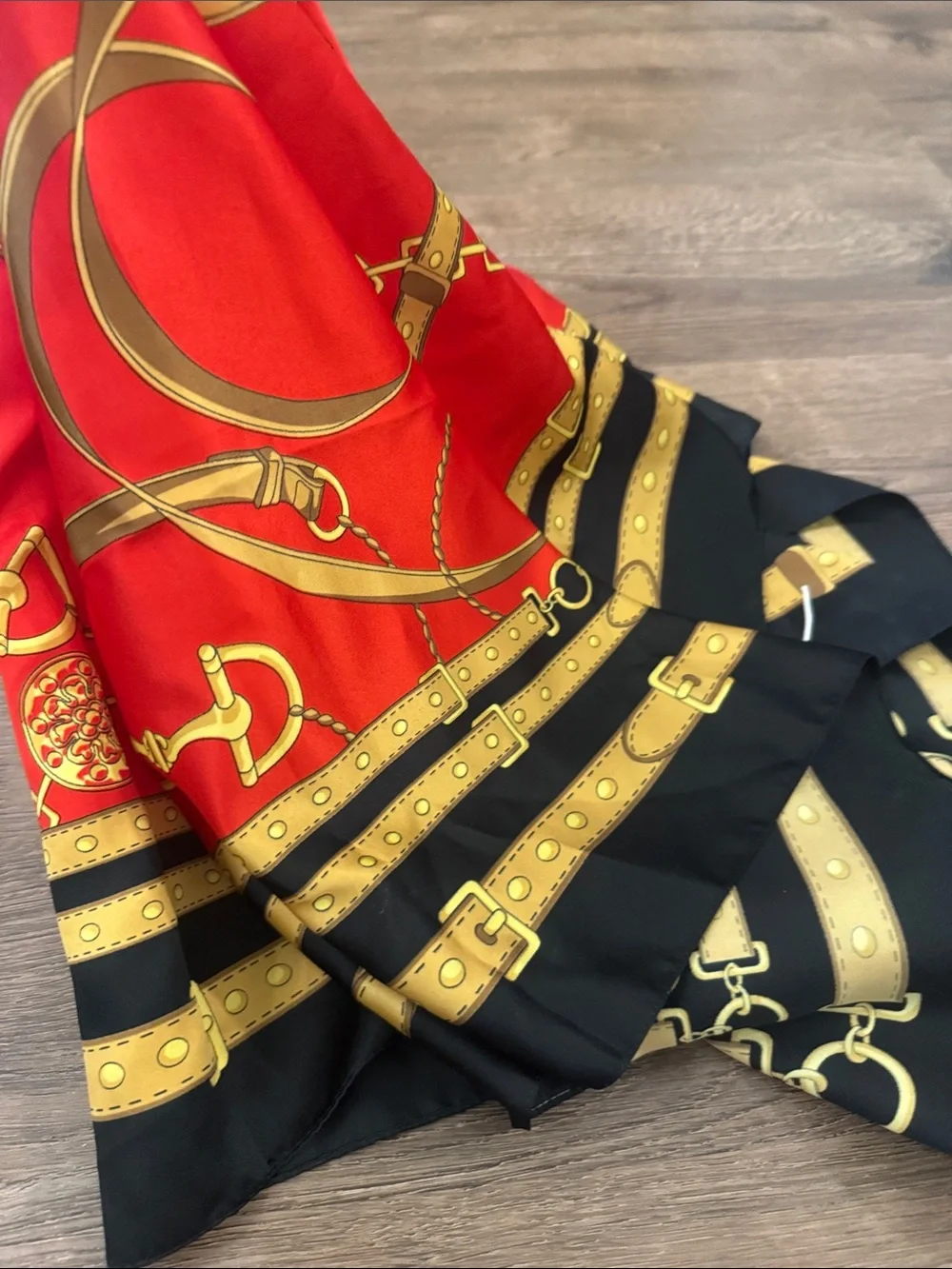 Red and Black Chain Print Silk Scarf rolled hem silk blend